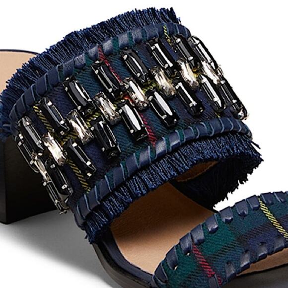 Jack Rogers Beatrix Bejeweled Plaid Block Heel Sandal Navy Green Size 9 New - Picture 2 of 14